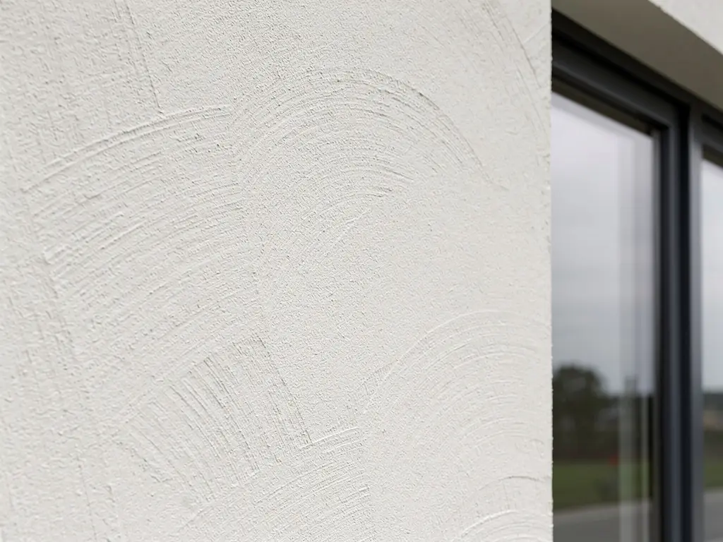 Mur isolé par l'extérieur et recouvert d'un enduit de finition clair taloché