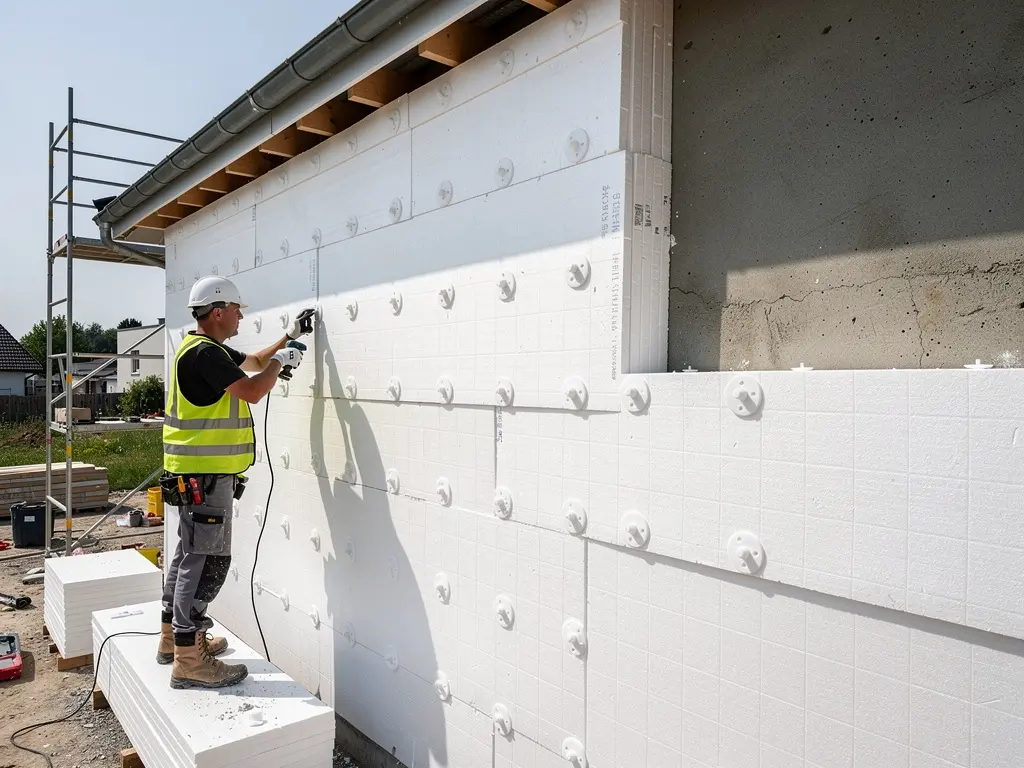 Pose de panneaux isolants chevillés sur une façade avant mise en enduit
