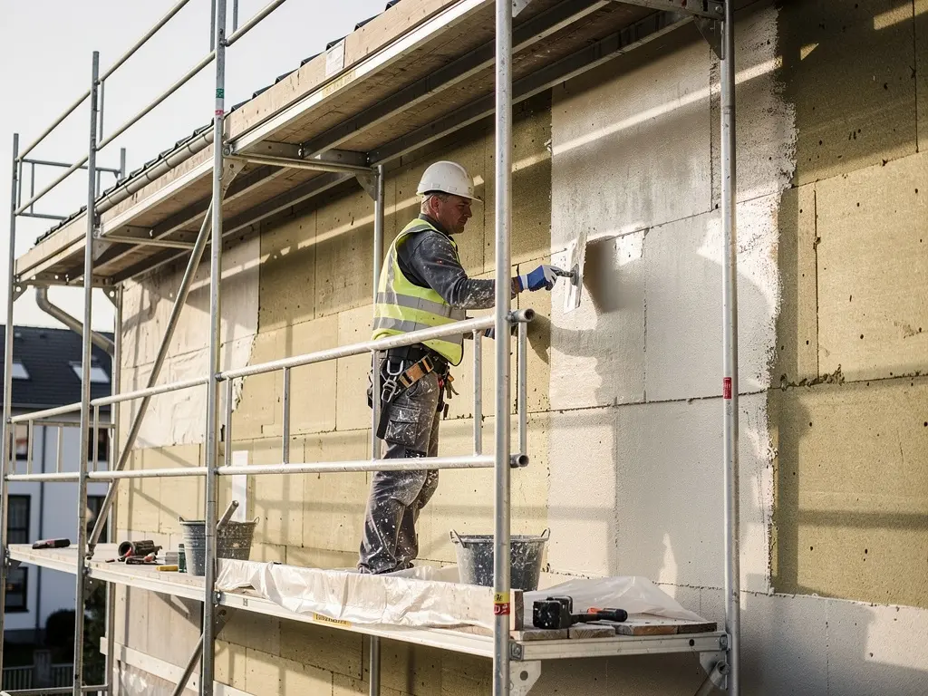 Échafaudage et application de l'enduit de façade pendant un chantier d'ITE
